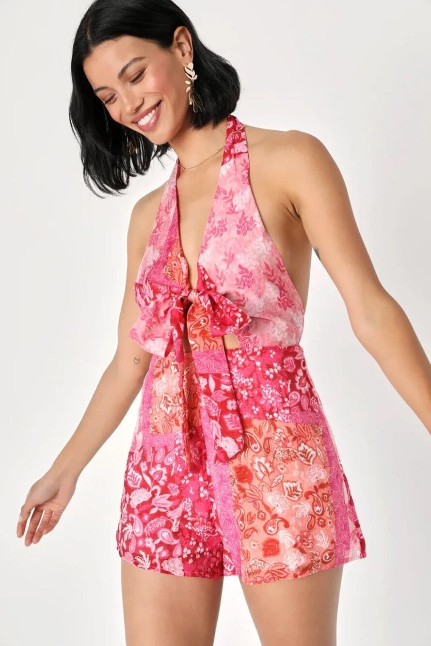 Lulus Paloma Party Pink Patchwork Tie-Front Cutout Paisley Romper Size XL